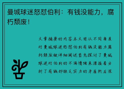 曼城球迷怒怼伯利：有钱没能力，腐朽颓废！